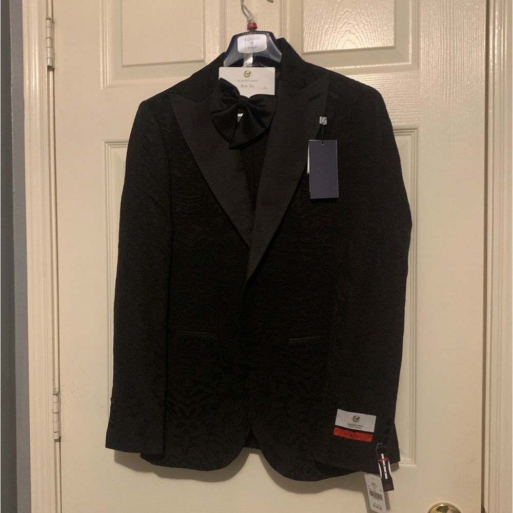 Mens Kilbourne & Finch Slim Fit 36R 30w/37i Black/Flower Jacket w/ Bow Tie